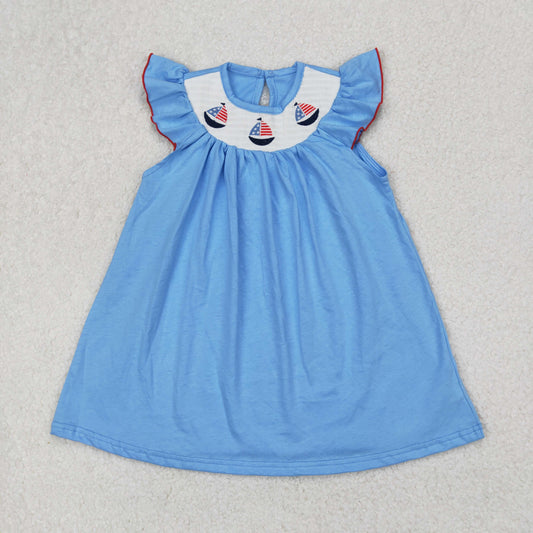 Baby Girl Short Sleeves Smocked July 4th Boats Blue Embroidery Dress RTS