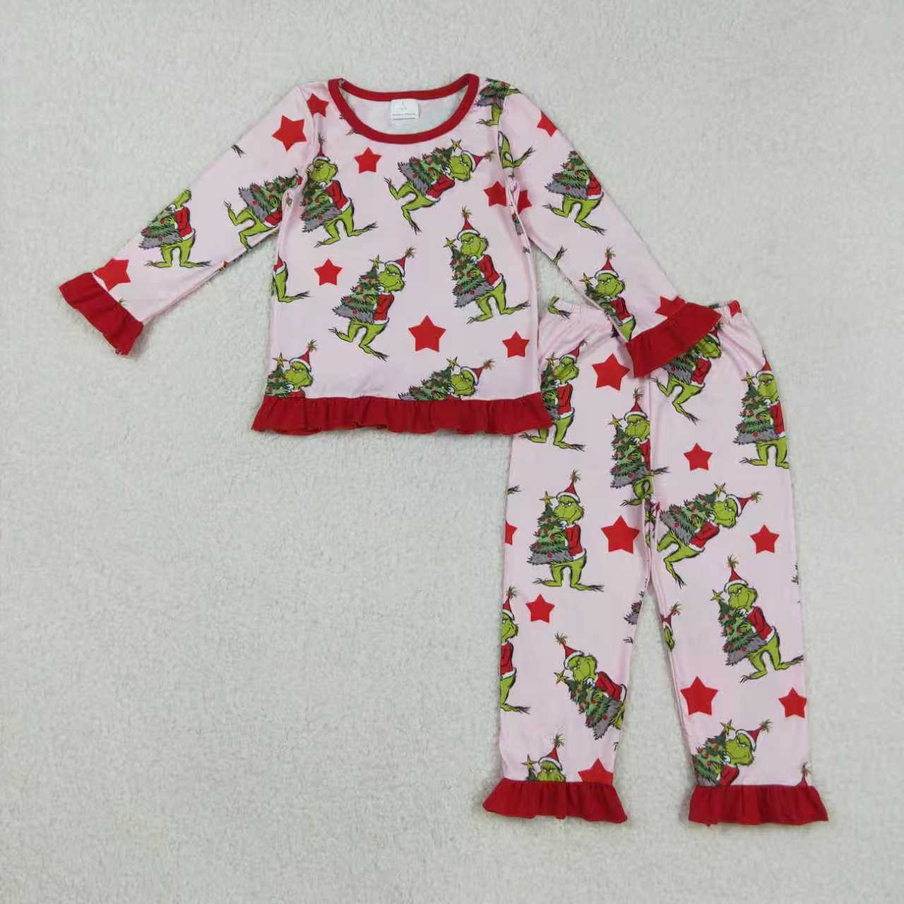 Girls Kids Green Face Stars Sibling Christmas Pajamas Dress Zipper Footie Romper Set Pink Clothes RTS