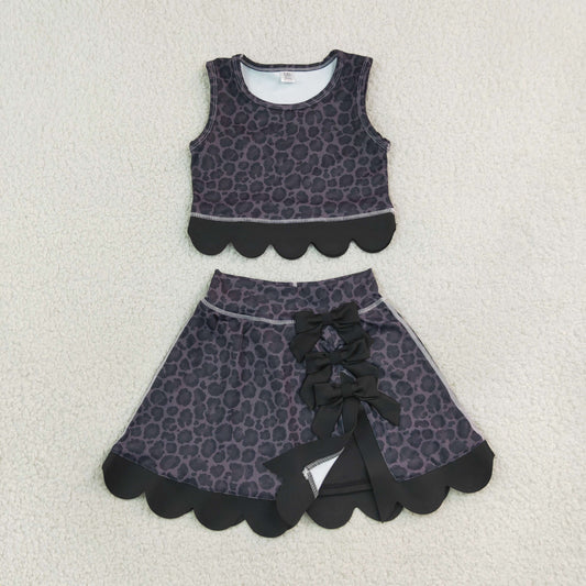 Baby Girls Kids Black Leopard Vest Bows Scallop Bows Skirt Shorts Yoga Active Set Clothes RTS