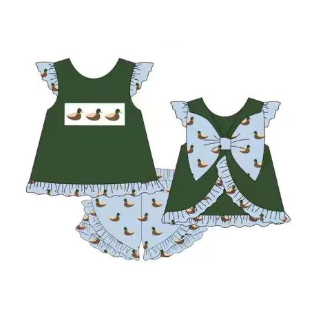 ( Moq 5 ) Preorder Baby Girls Kids Short Sleeves Ducks Back Bows Tops Ruffle Shorts Set Clothes
