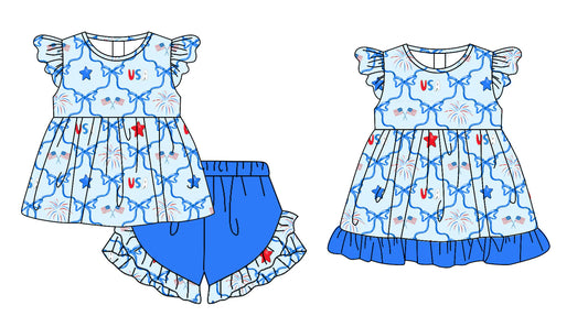 ( Moq 5 Each Style ) Baby Girls Kids Short Sleeves Stars Flags Bows Sibling 4th of July Dress Set