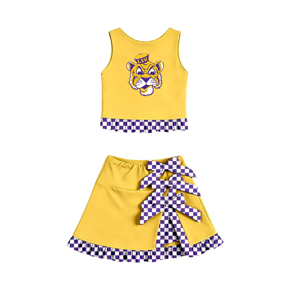 ( Moq 5 ) Sibling Baby Girls Kids Sleeveless Cheer Tiger Vest Checked Bows Skirt Shorts Team Set Clothes