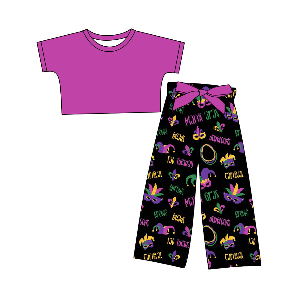 Baby Girl Short Sleeveless Purple Shirt Mardi Gras Leopard Pants Set ( Moq 5 ) 12.10
