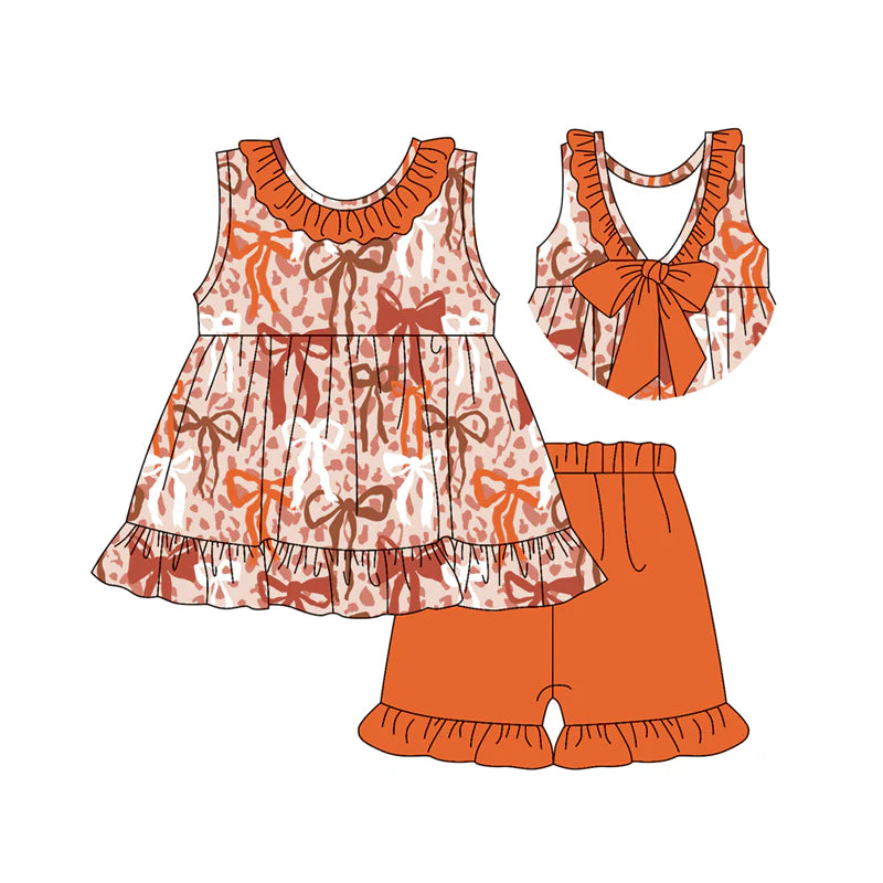 Baby Girl Sleeveless Orange Bows Tunic Ruffle Shorts Set ( Moq 5 )