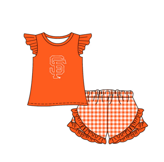 ( Moq 5 ) Sibling Baby Girls Kids Short Sleeves Orange Shirt Plaid Shorts Team Set Clothes