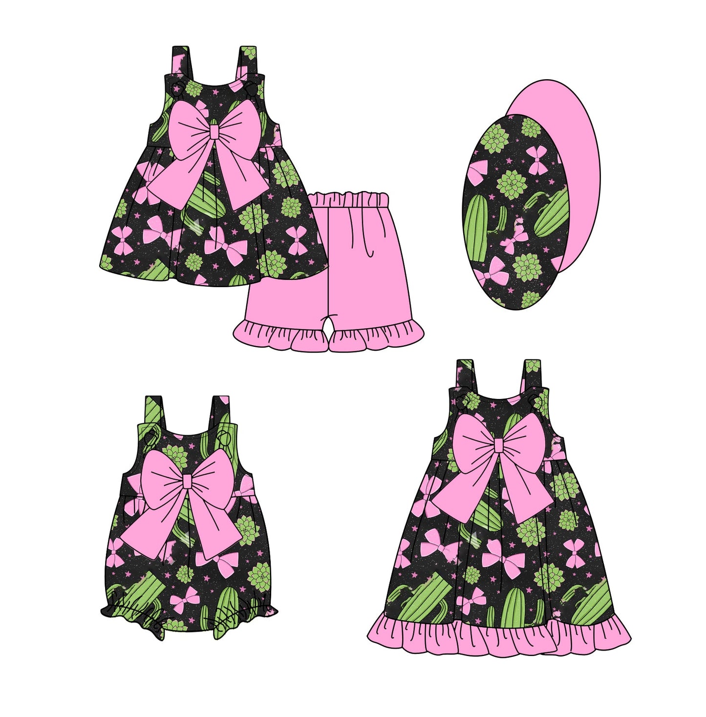 Baby Girl Straps Bows Cactus Western Sibling Romper Dress Set ( Moq 5 Each Style ) 2.24