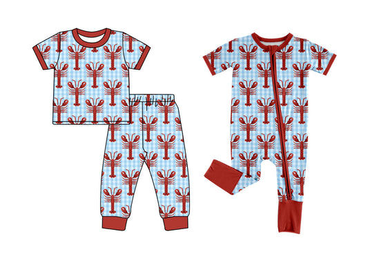 ( Moq 5 Each Style ) Baby Boy Toddler Short Sleeves Crawfish Plaid Sibling Romper Pajamas Set