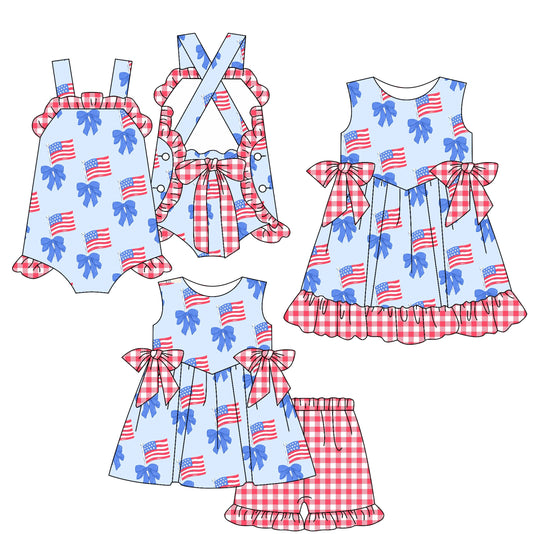 Baby Girl July 4th Bows Flags Sibling Romper Dress Set ( Moq 5 Each Style ) 3.7