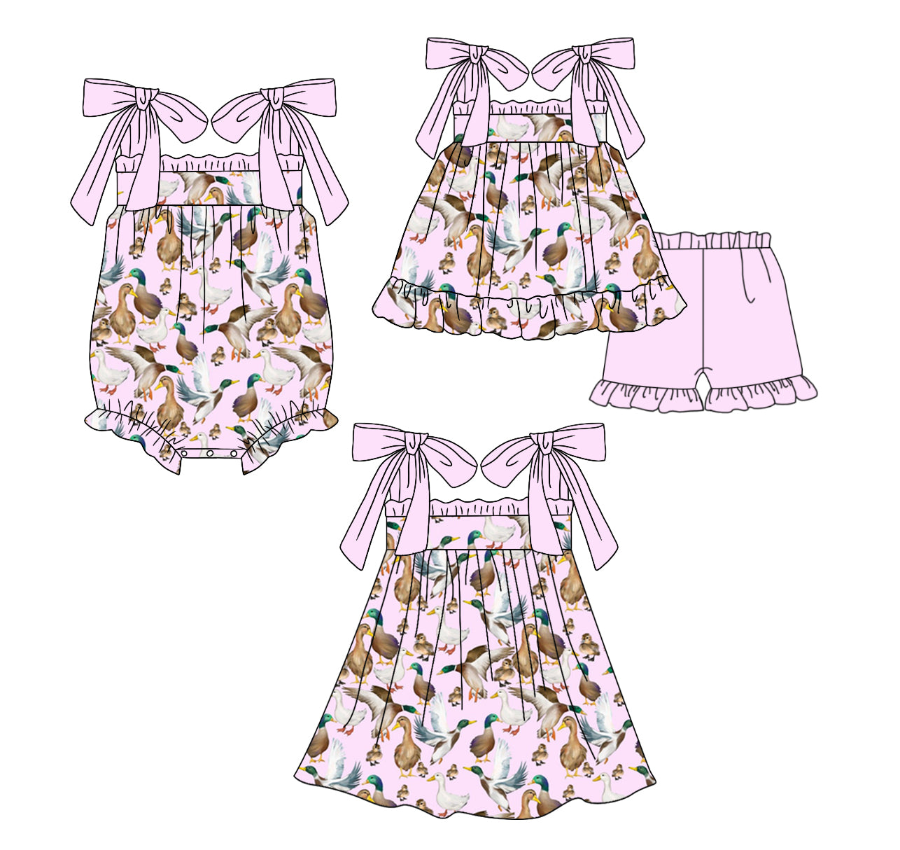 Baby Girl Straps Ducks Pink Sibling Romper Dress Set ( Moq 5 Each Design ) 12.12