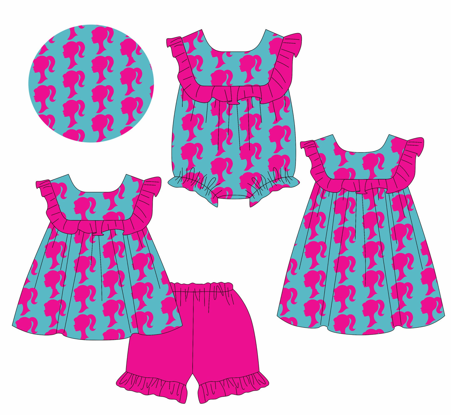 Baby Girl Pink Dolls Ruffle Sibling Romper Dress Set ( Moq 5 Each Style ) 1.14
