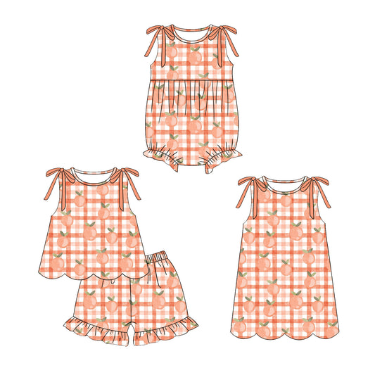 ( Moq 5 Each Style ) Sibling Baby Girls Kids Peach Plaid Romper Dress Set Summer Clothes