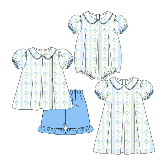 Baby Girl Short Sleeves Flower Bows Blue Sibling Romper Dress Set ( Moq 5 Each Style ) 3.6
