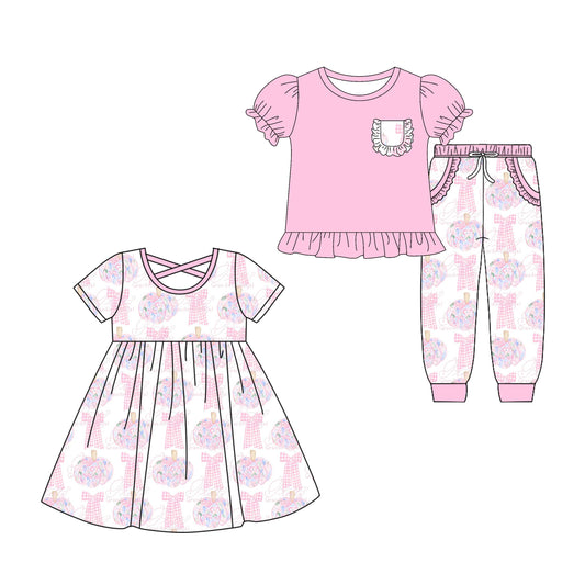 ( Moq 5 Each Style ) Baby Girl Toddler Short Sleeves Pink Pumpkin Bows Sibling Dress Set 4.26