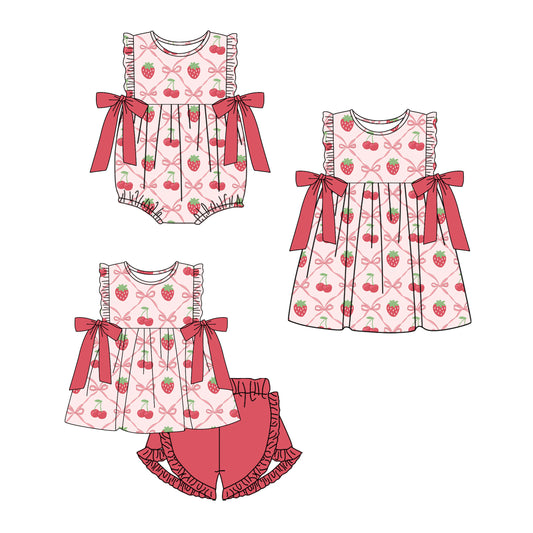 Baby Girl Strawberry Bows Sibling Purple Romper Dress Clothes Set ( Moq 5 Each Design )