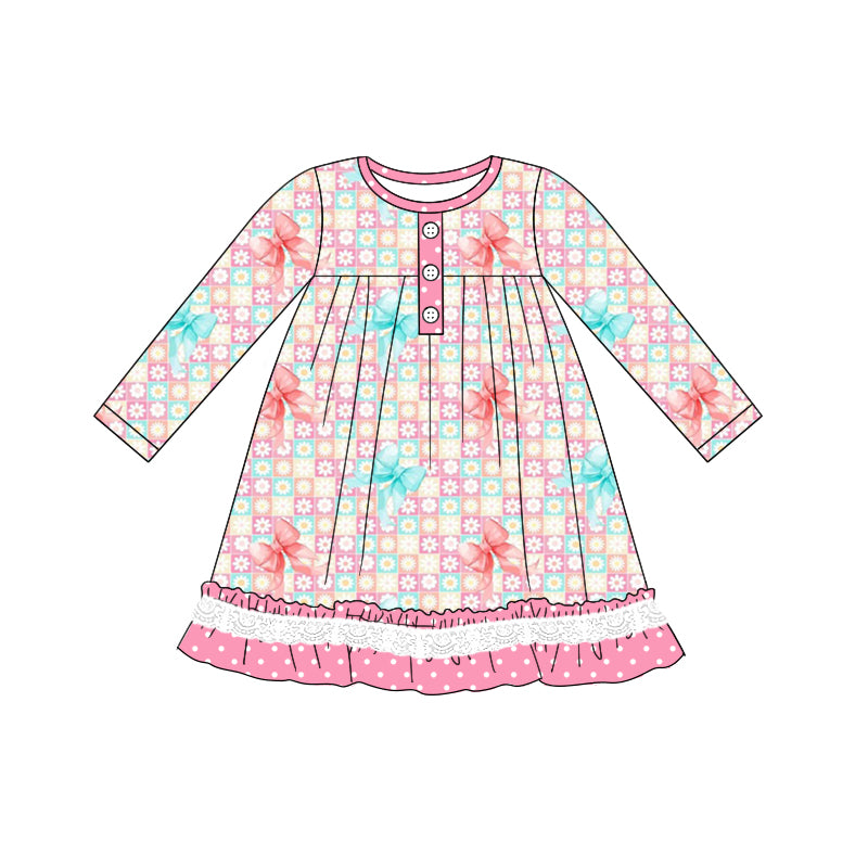 Baby Girl Long Sleeves Flower Bows Plaid Ruffle Dress