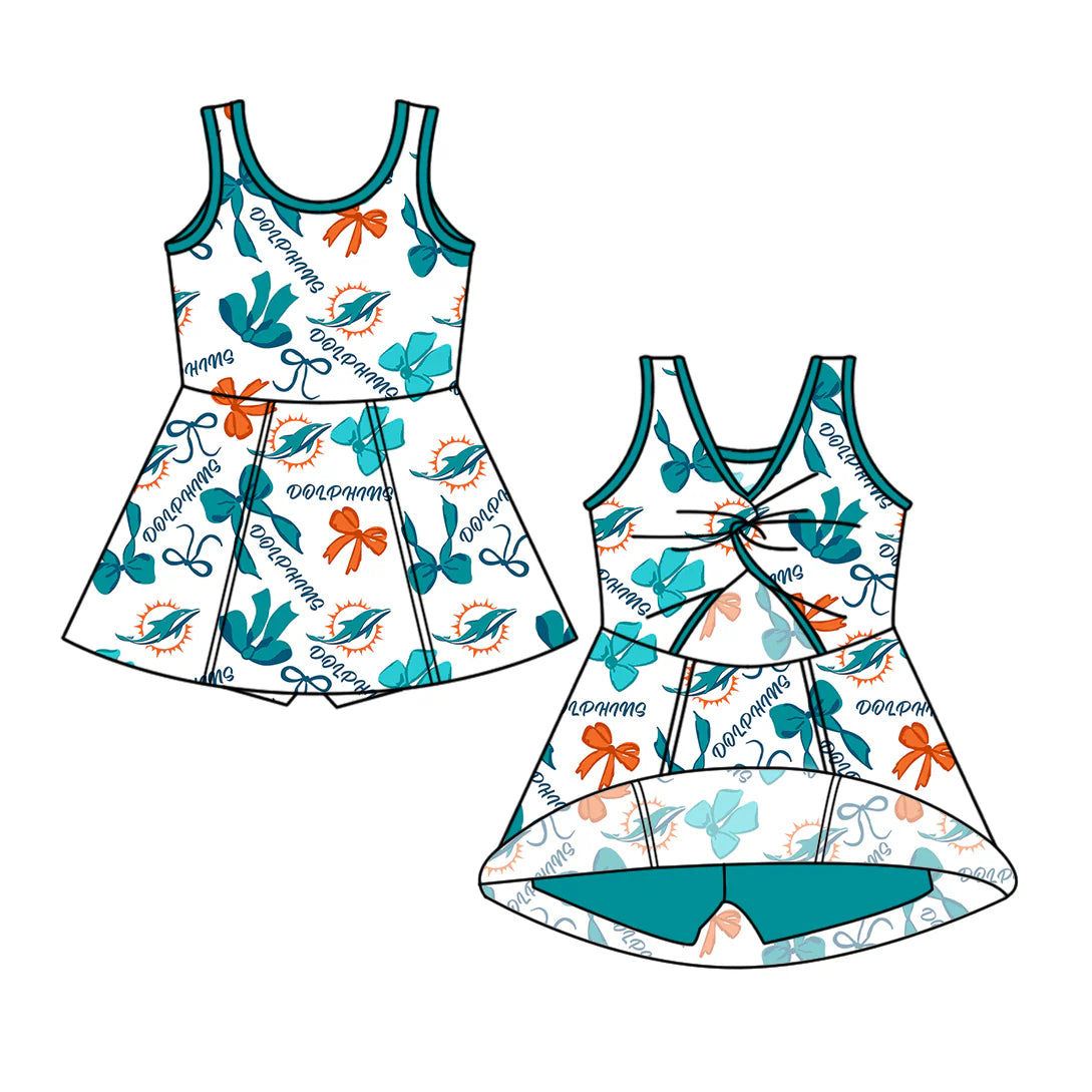 ( Moq 5 each style ) Baby Girl Toddler Team Orange Blue Bows Sibling Skort Dress Set 6.5