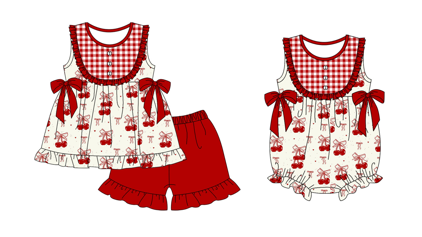 Baby Girl Cherry Bows Sibling Summer Romper Set ( Moq 5 Each Design )