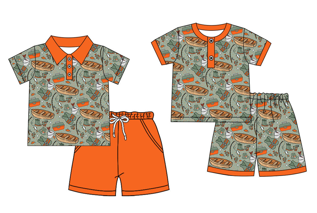 ( Moq 5 Each Style ) Sibling Baby Boys Short Sleeves Fishing Shirts Shorts Summer Sets