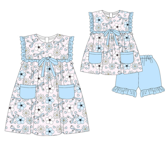 ( Moq 5 Each Style ) Baby Girl Flower Hearts Bows Sibling Blue Dress Set 3.29