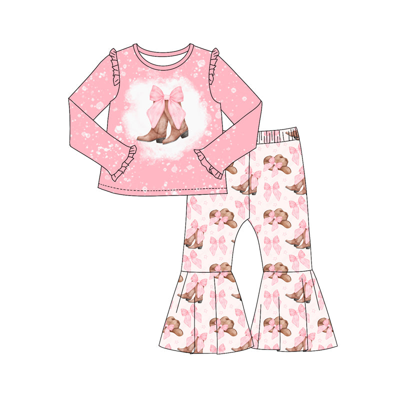 Baby Girl Long Sleeves Boots Hats Bow Pink Shirt Bell Pants Set