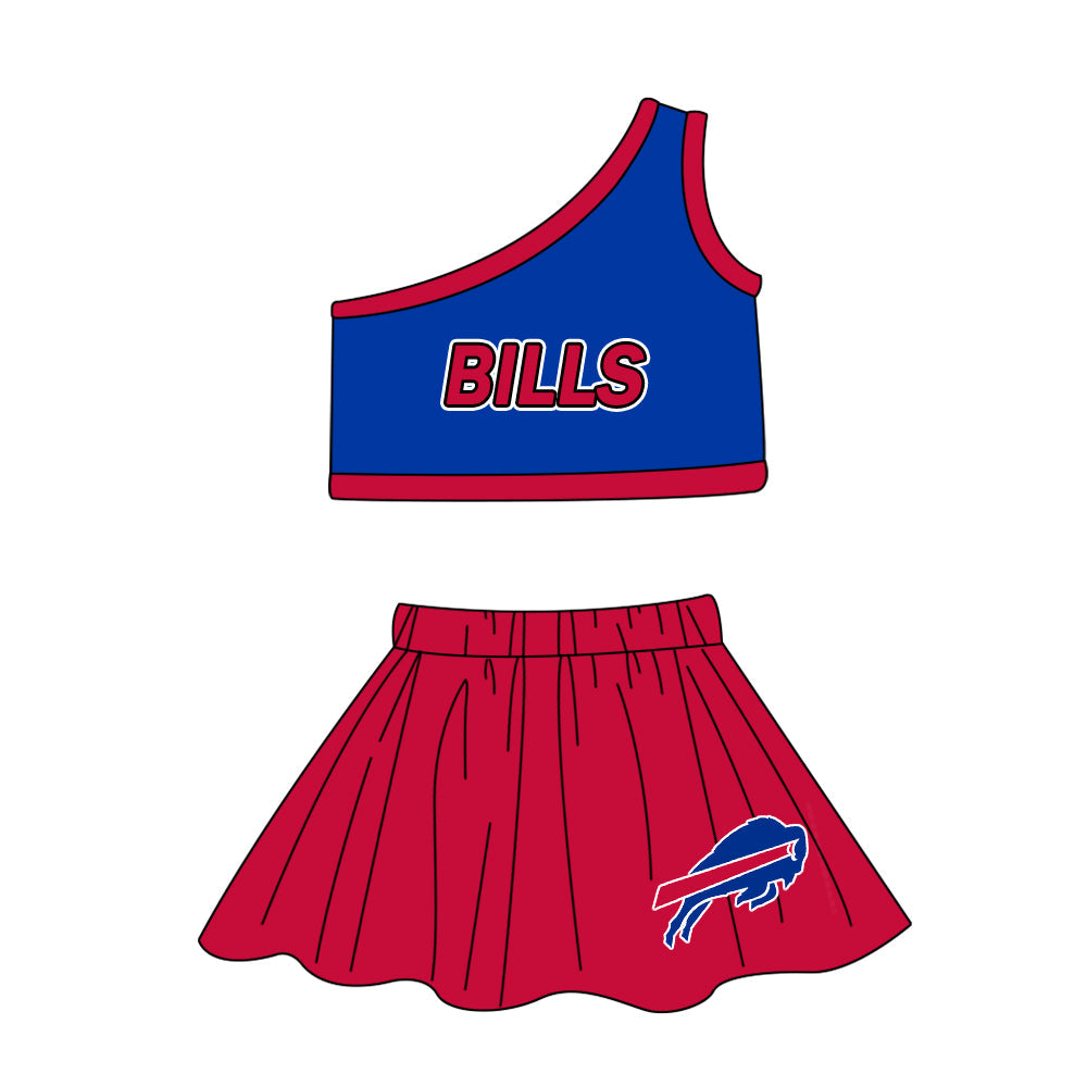 Baby Girl One Shoulder Blue Team Shirt Skorts Clothes Cheer Set ( Moq 5 )