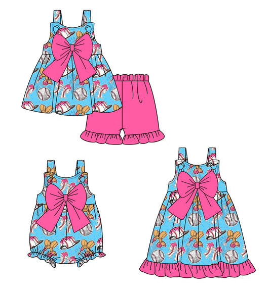 ( Moq 5 Each Style ) Baby Girl Bows Baseball Sibling Romper Dress Set 4.19