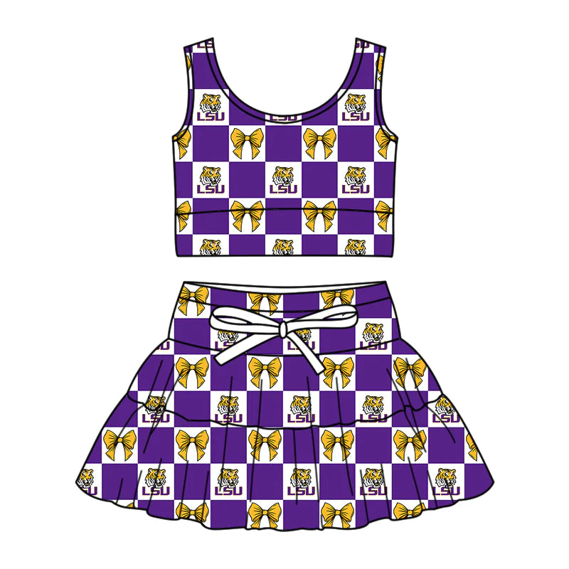 ( Moq 5 Each Style ) Baby Girls Kids Toddler Tigers Bows Purple Plaid Tops Shorts Skirt Team Set