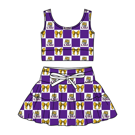 ( Moq 5 Each Style ) Baby Girls Kids Toddler Tigers Bows Purple Plaid Tops Shorts Skirt Team Set