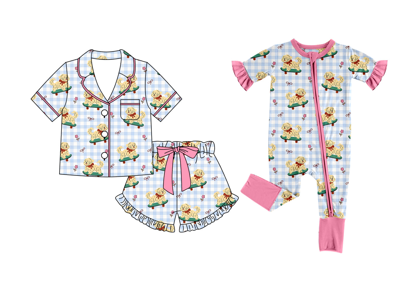 ( Moq 5 Each Style ) Baby Girls Kids Toddler Short Sleeves Dogs Bows Sibling Zipper Romper Pajamas Set