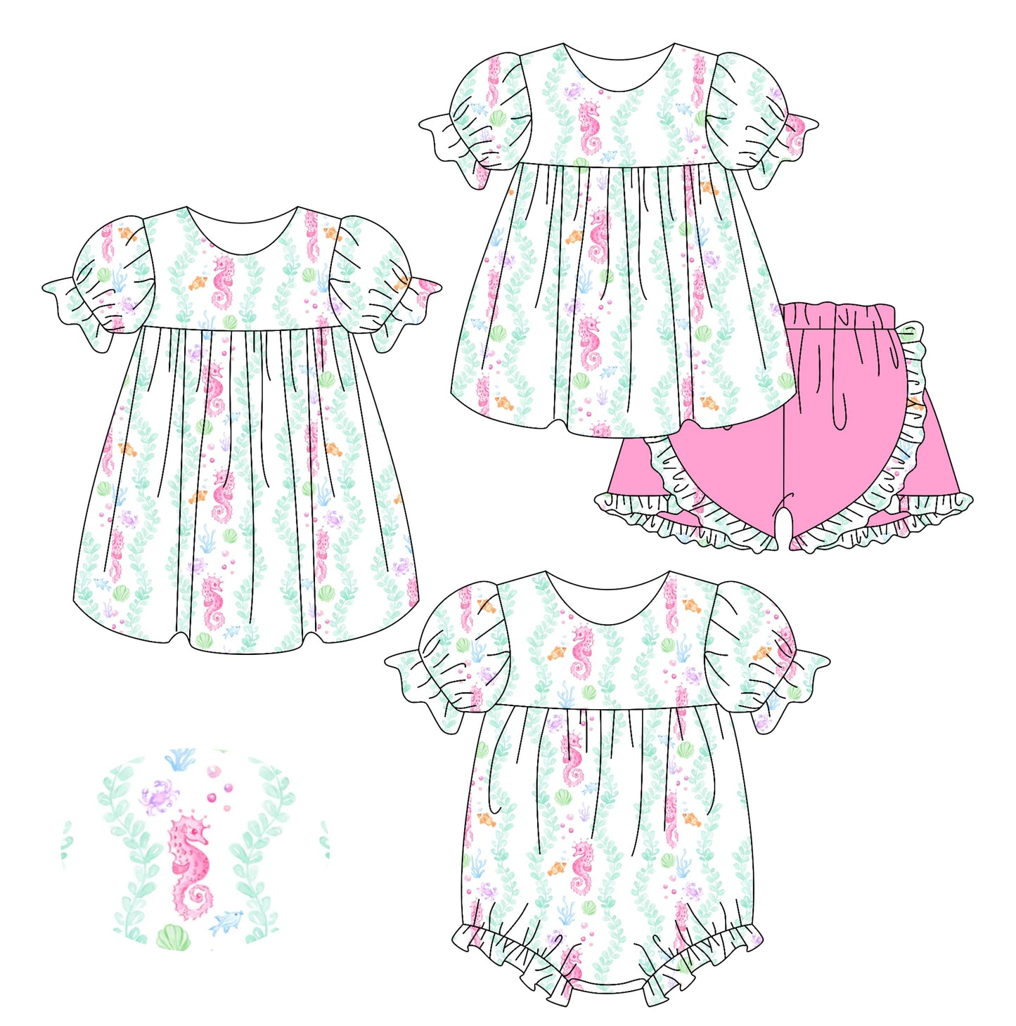 Baby Girl Short Sleeves Seahorses Sibling Romper Dress Set ( Moq 5 Each Style ) 2.17