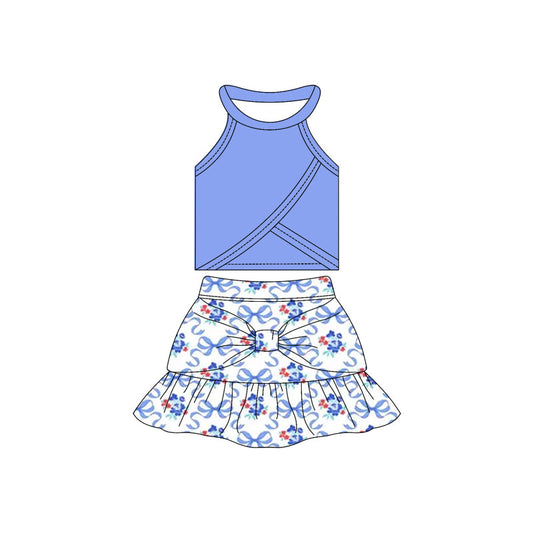 ( Moq 10 ) Baby Girl Sleeveless Blue Vest Flowers Bows Ruffle Shorts Skirts Activity Wear Yoga Set