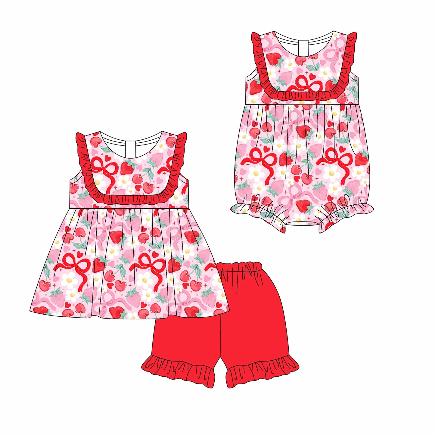 ( Moq 5 Each Style ) Sibling Baby Girls Kids Strawberry Bows Flower Summer Romper Dress