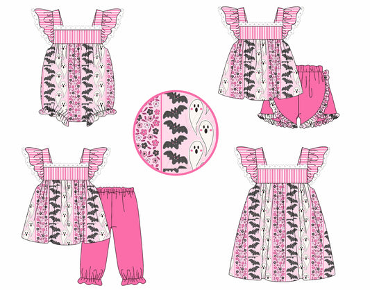 ( Moq 5 Each Style ) Baby Girl Short Sleeves Halloween Ghost Flower Bats Sibling Romper Dress Set 4.25