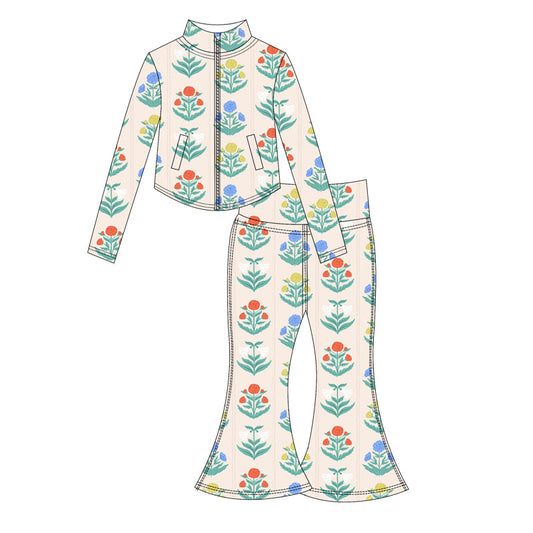 ( Moq 10 ) Baby Girl Long Sleeves Flower Pockets Zipper Tops Bell Bottom Pants Activity Wear Yoga Set