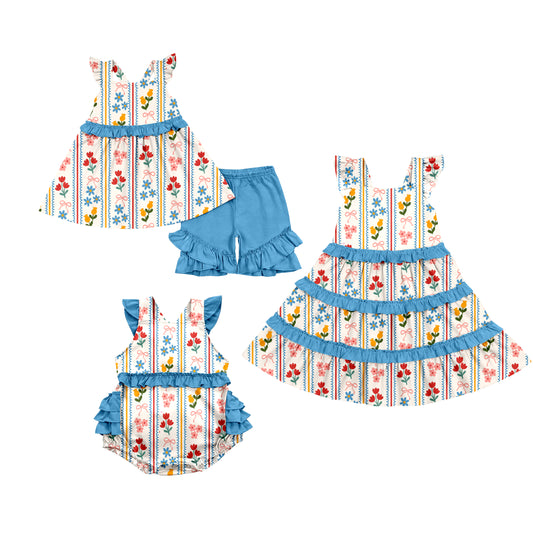 ( Moq 5 Each Style ) Baby Girls Kids Short Sleeves Flower Bows Sibling Blue Ruffle Romper Dress Set
