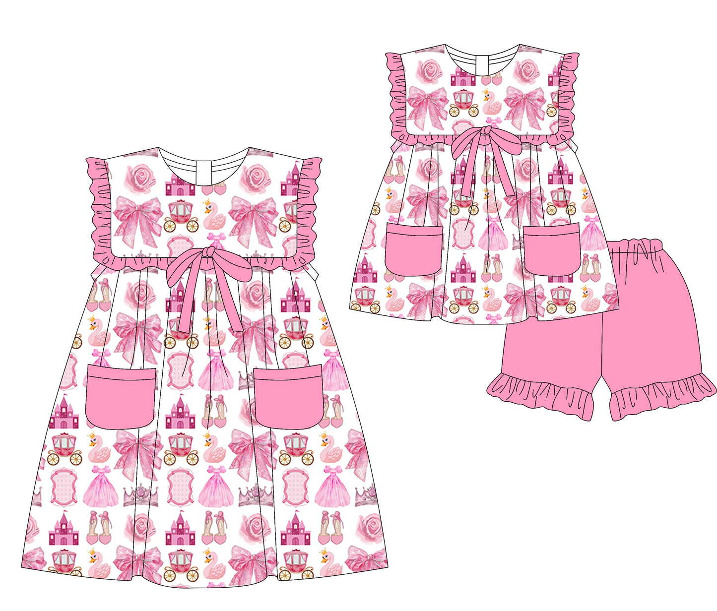 Baby Girl Bows Flower Princess Pockets Sibling Ruffle Dress Set ( Moq 5 Each Style ) 3.19