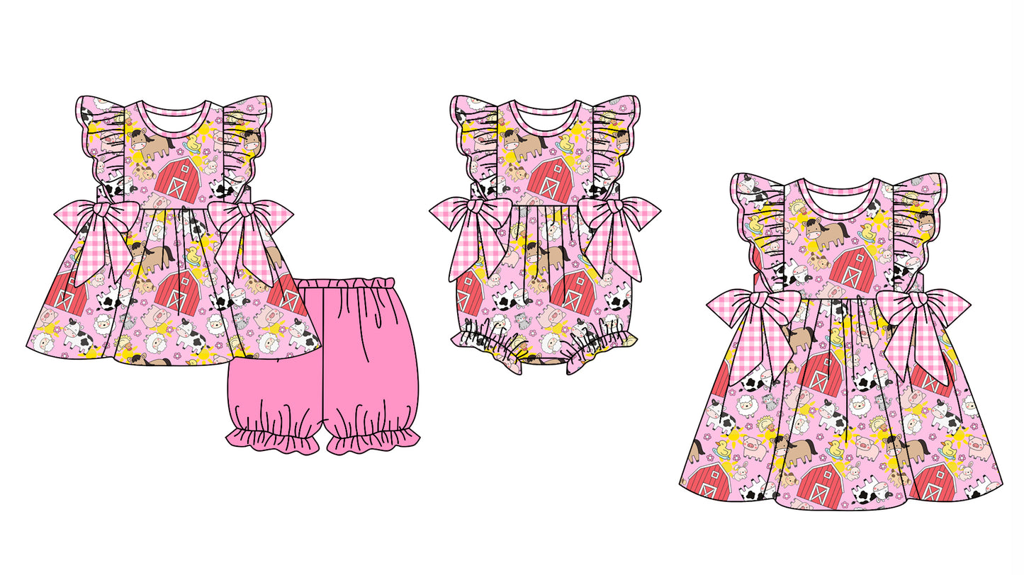 Baby Girl Short Sleeves Farm Sibling Pink Romper Dress Clothes Set ( Moq 5 Each Design )12.2