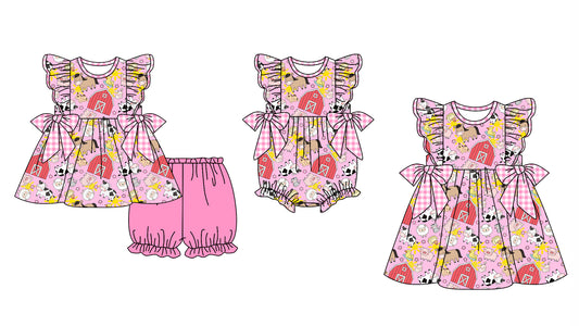 Baby Girl Short Sleeves Farm Sibling Pink Romper Dress Clothes Set ( Moq 5 Each Design )12.2