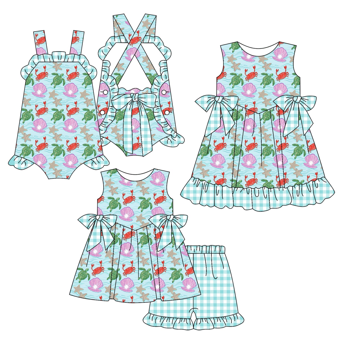 ( Moq 5 Each Style ) Sibling Baby Girls Kids Shell Crawfish Romper Dress Set Summer Clothes