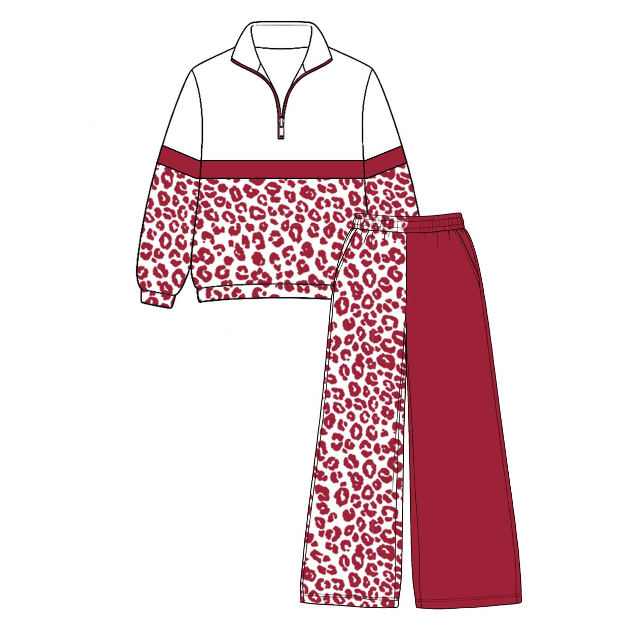 ( Moq 5 ) Preorder Baby Girls Kids Long Sleeves Zipper Pullover Leopard Dark Red Pants Set Clothes