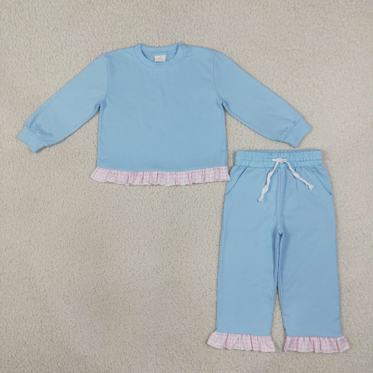 Baby Girls Kids Long Sleeves Ruffle Shirt Pants Light Blue Set Cotton Clothes RTS