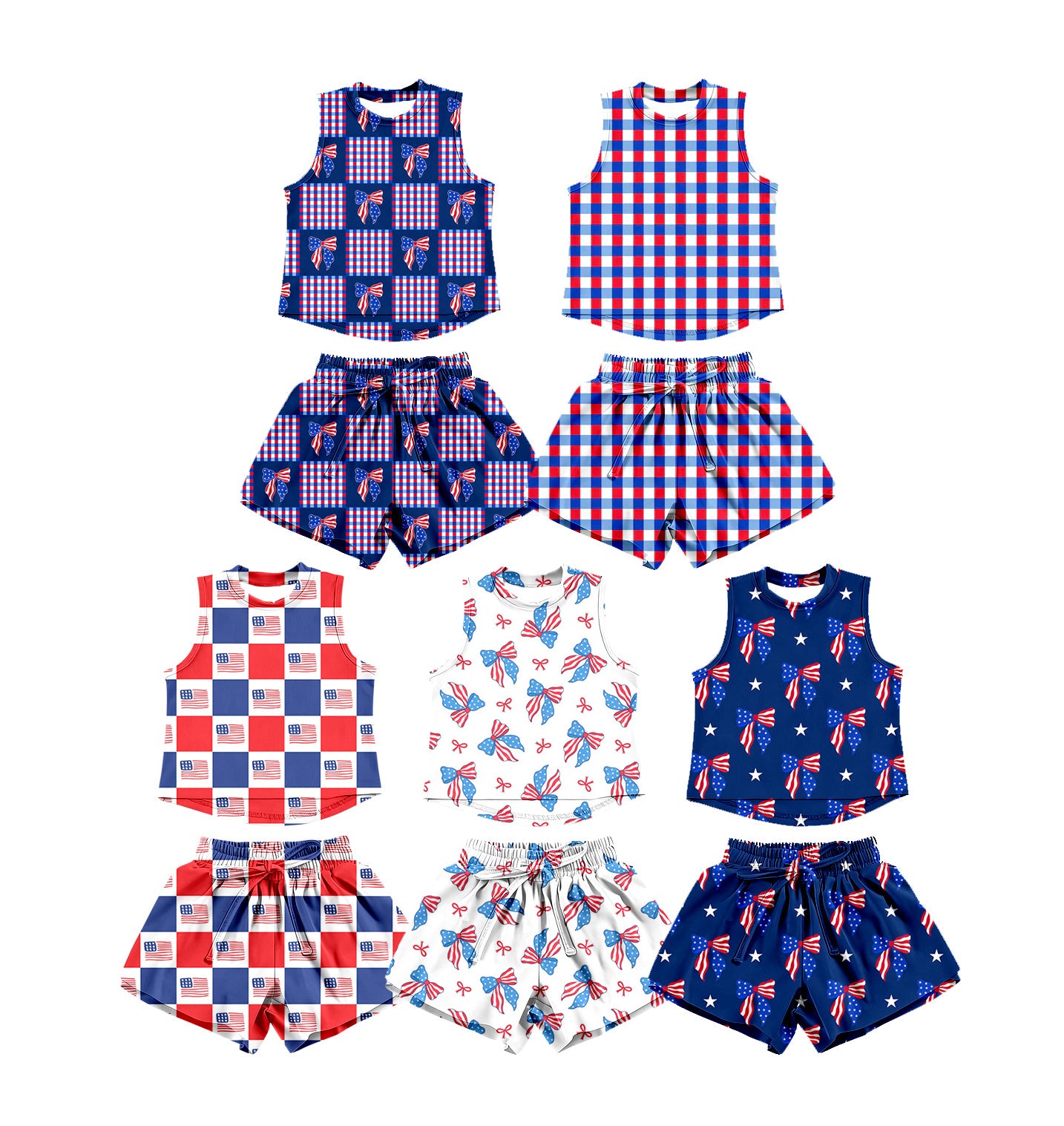 ( Moq 30 Each Style ) Sibling Baby Girls Kids Flags Bows Plaid Shirts Shorts 4th of July Sets