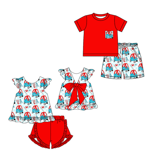 ( Moq 5 Each Style ) Baby Boys Girls Short Sleeves USA Sibling 4th of July Sets Clothes