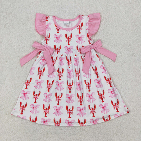 Baby Girl Short Sleeves Pink Bows Crawfish Knee Length Dress RTS