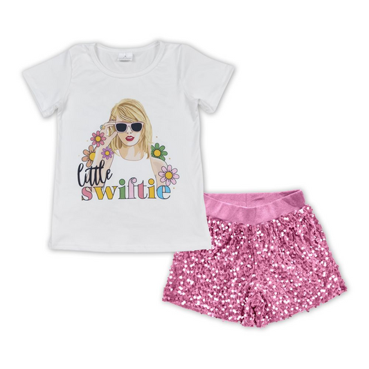 Baby Girl Singer Flower Shirt Pink Sequins Shorts Set