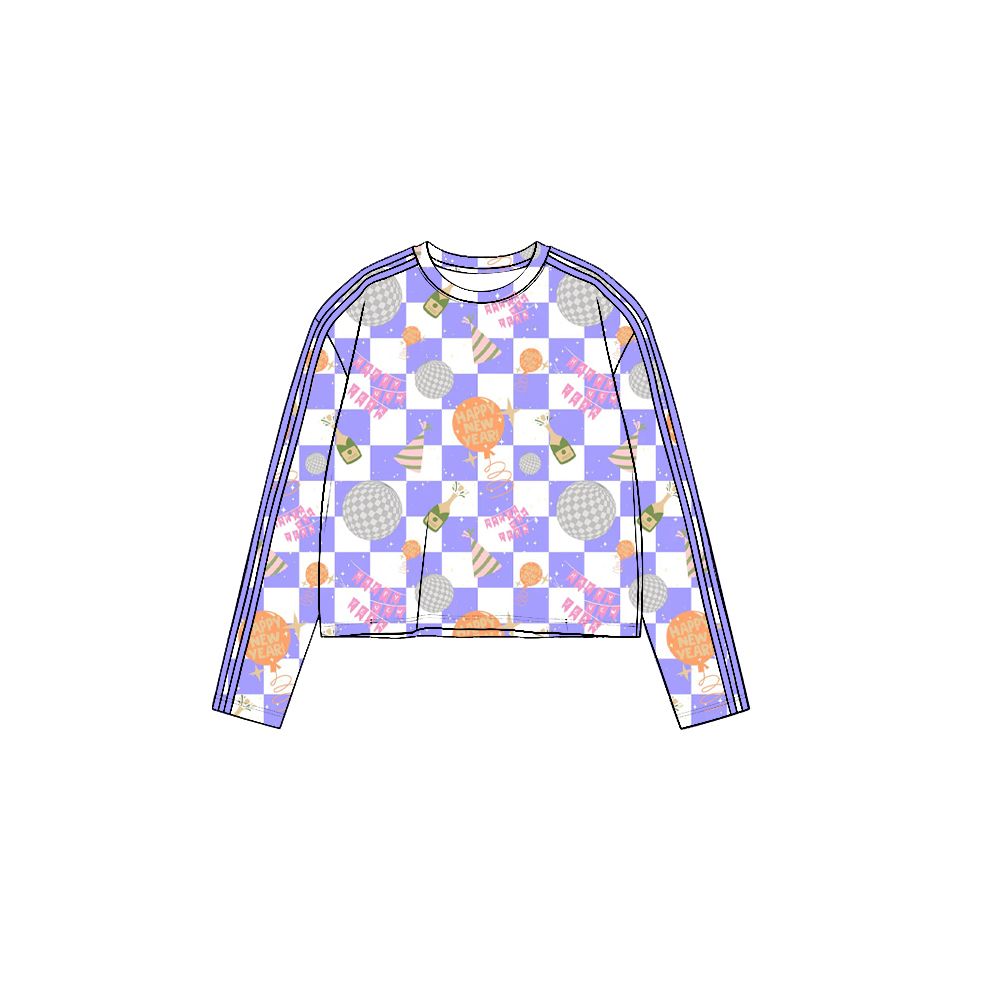 ( Moq 5 ) Preorder Baby Girls Toddler Purple Plaid Happy New Year Shirt Tops Yoga Active Clothes