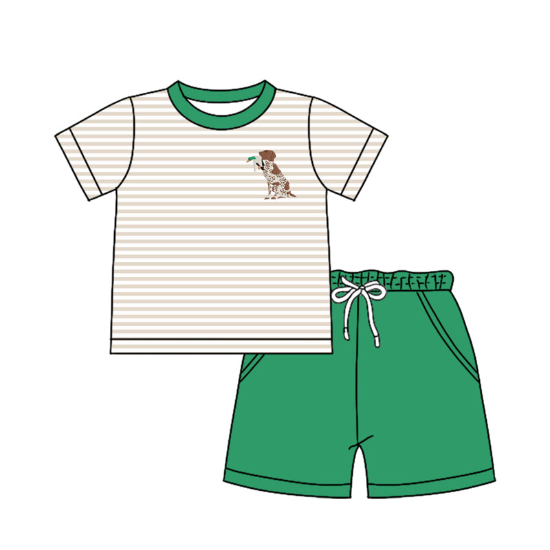Baby Boy Short Sleeves Stripes Dog Duck Hunting Shirt Green Pockets Shorts Clothes Set Moq 5