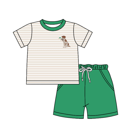 Baby Boy Short Sleeves Stripes Dog Duck Hunting Shirt Green Pockets Shorts Clothes Set Moq 5