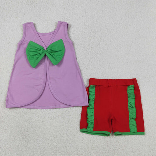 Baby Girls Purple Sleeveless Green Bows Tops Ruffle Shorts Set Clothes RTS