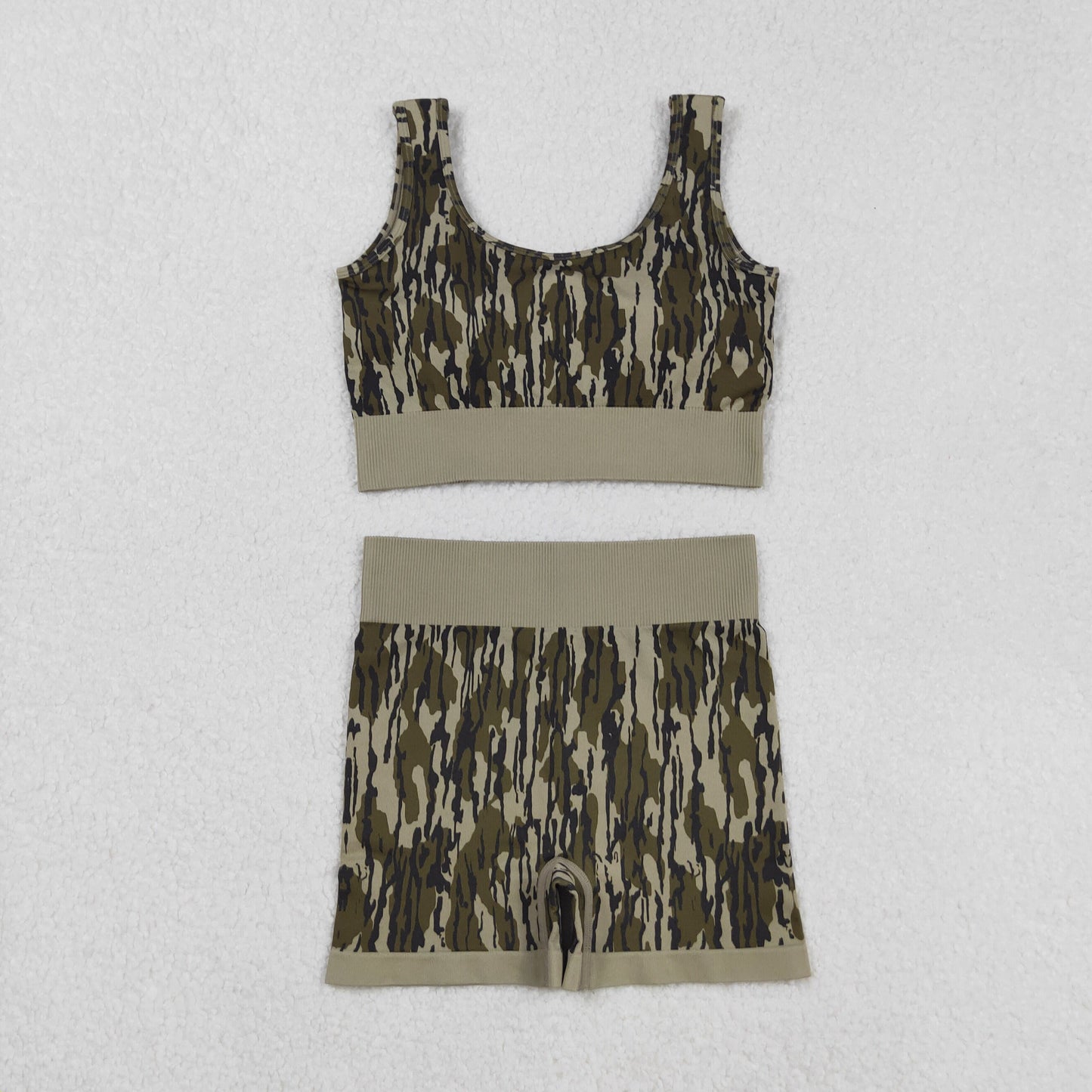 Adult Woman Sleeveless Green Camo Tank Tops Shorts Knitted Yoga Set RTS